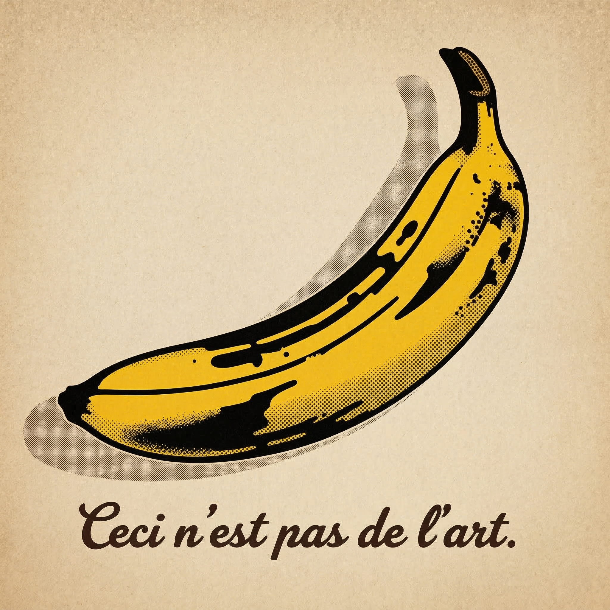 A Warhol-style pop art banana with "Ceci n'est pas de l'art" in Magritte's script beneath it